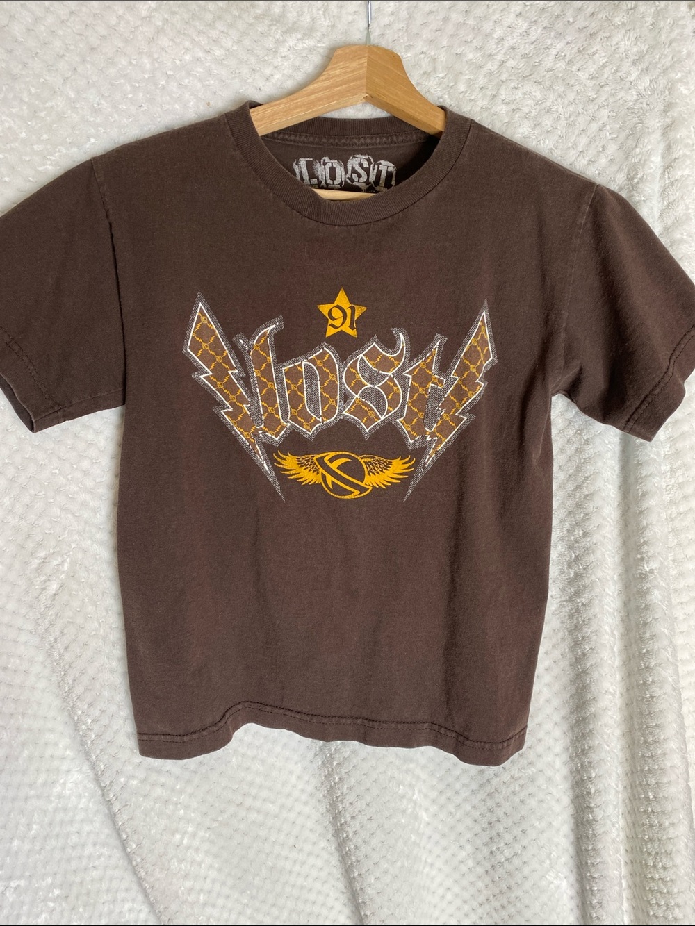 Lost Enterprises Brown Tee with Mustard Yellow Graphic Logo